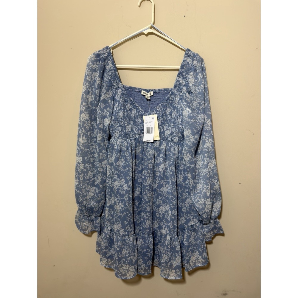 Allison + Kelly Women Blue Floral Square Neck Long Sleeve Baby Doll Dress Size L
